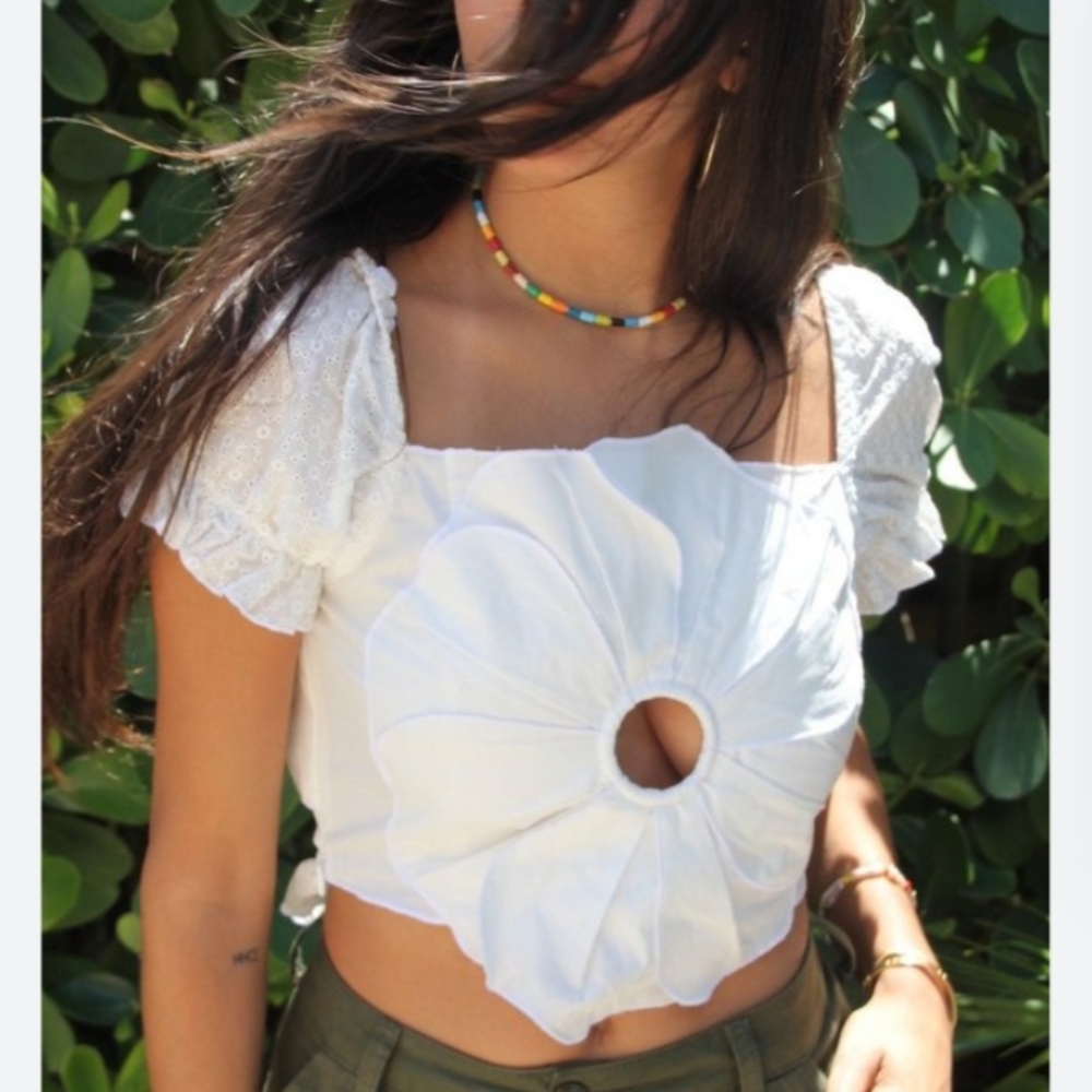 House of Sunny White Floral Cutout Puff Sleeve Top